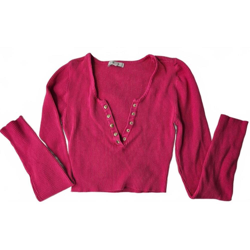 Love Tree Women's Pink Ribbed Long Sleeve Crop Top with Snap Detail‎ Size Large